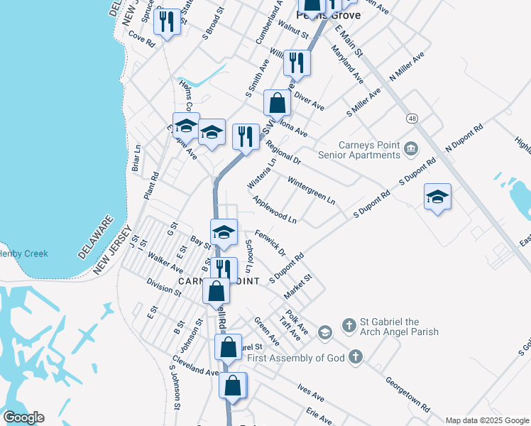 map of restaurants, bars, coffee shops, grocery stores, and more near 234 Applewood Lane in Carneys Point Township