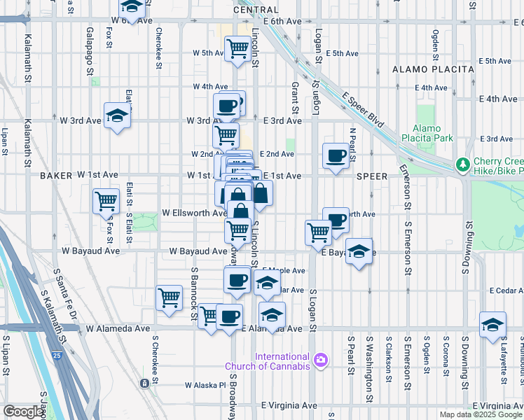 map of restaurants, bars, coffee shops, grocery stores, and more near in Denver