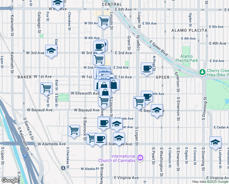 map of restaurants, bars, coffee shops, grocery stores, and more near 6 Lincoln Street in Denver