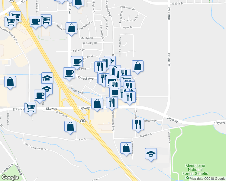 map of restaurants, bars, coffee shops, grocery stores, and more near 2440 Notre Dame Boulevard in Chico