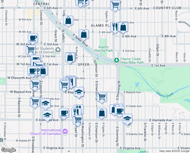 map of restaurants, bars, coffee shops, grocery stores, and more near 833 East Ellsworth Avenue in Denver