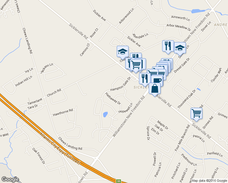 map of restaurants, bars, coffee shops, grocery stores, and more near 56 Hampton Gate Drive in Winslow Township