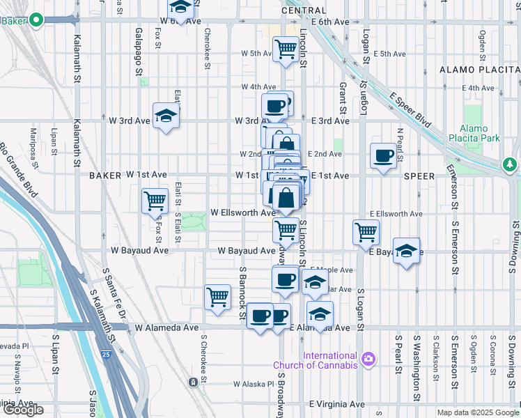 map of restaurants, bars, coffee shops, grocery stores, and more near 23 Acoma Street in Denver