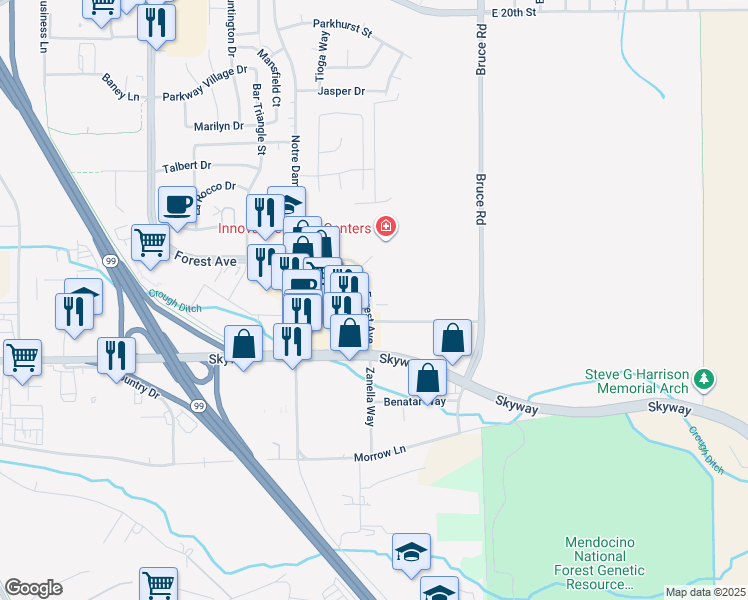 map of restaurants, bars, coffee shops, grocery stores, and more near 2639 Forest Avenue in Chico