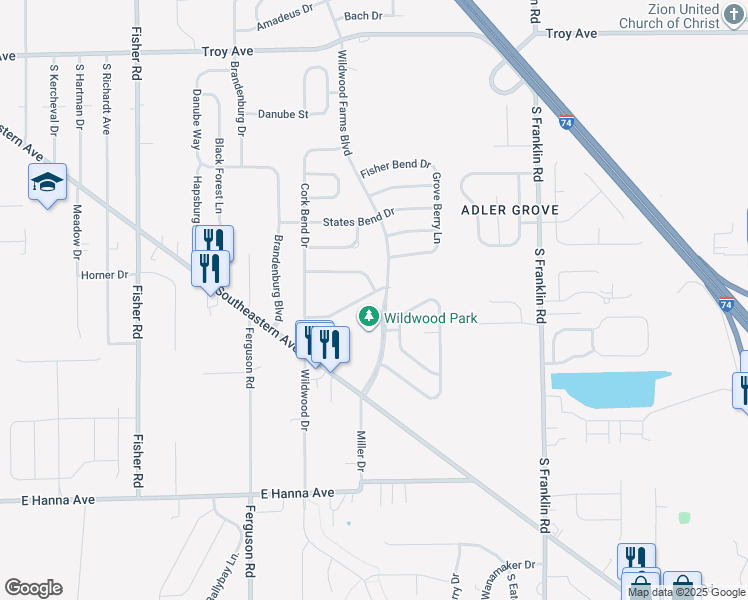 map of restaurants, bars, coffee shops, grocery stores, and more near 8013 Wildwood Farms Lane in Indianapolis