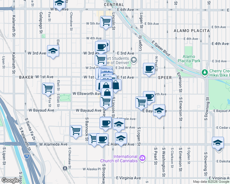 map of restaurants, bars, coffee shops, grocery stores, and more near in Denver