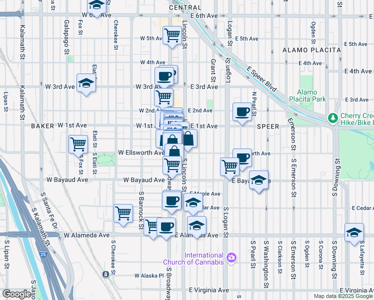 map of restaurants, bars, coffee shops, grocery stores, and more near in Denver