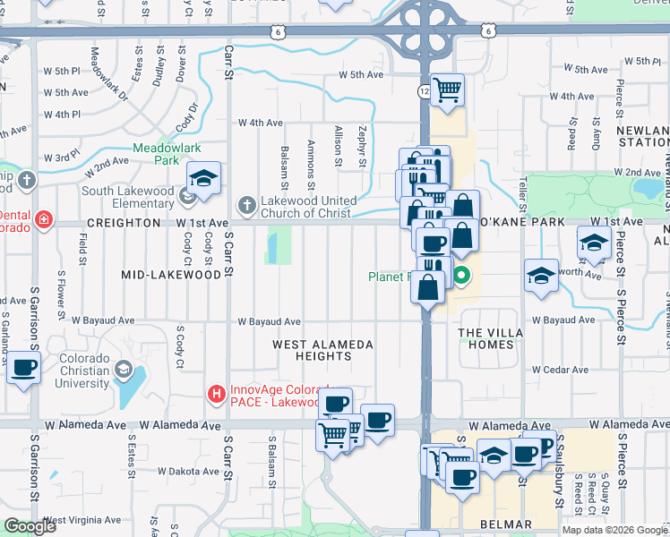 map of restaurants, bars, coffee shops, grocery stores, and more near 25 South Zephyr Street in Lakewood