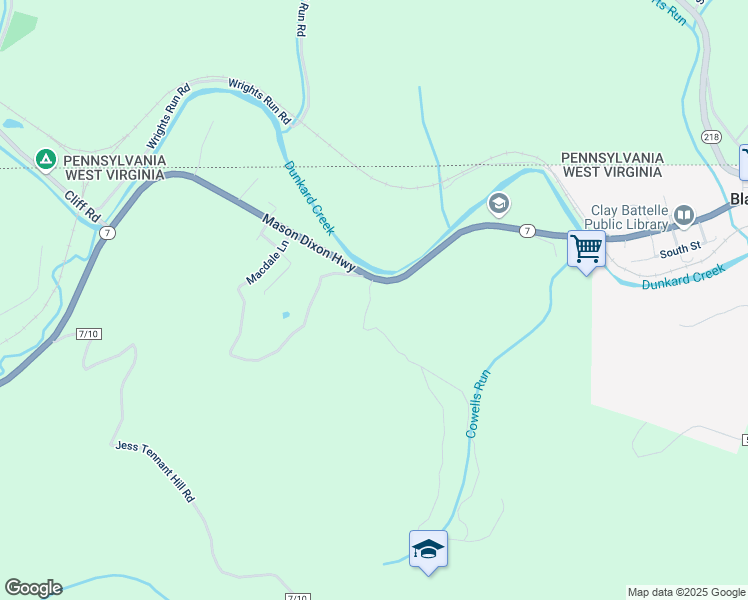 map of restaurants, bars, coffee shops, grocery stores, and more near 6369 Mason-Dixon Highway in Blacksville