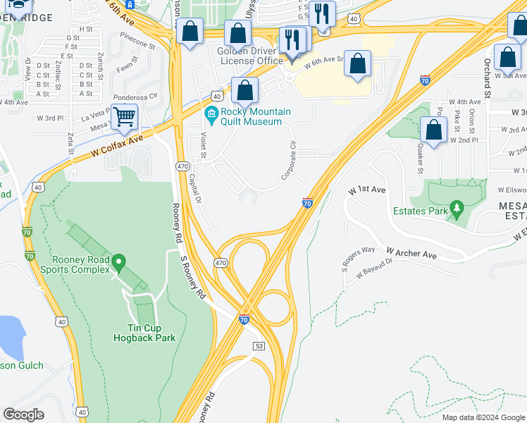 map of restaurants, bars, coffee shops, grocery stores, and more near 651 Corporate Circle in Golden