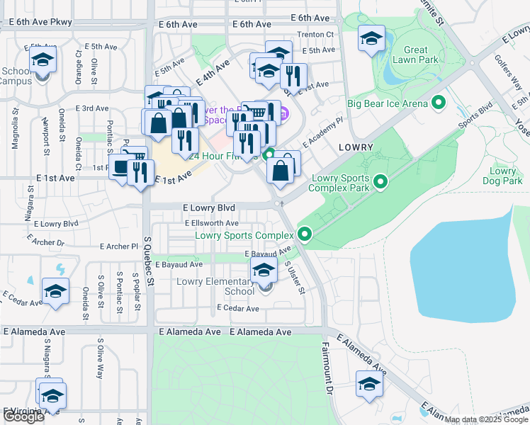 map of restaurants, bars, coffee shops, grocery stores, and more near 8010 East Lowry Boulevard in Denver