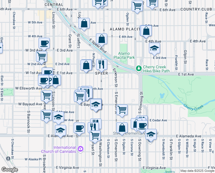 map of restaurants, bars, coffee shops, grocery stores, and more near 5 North Clarkson street in Denver