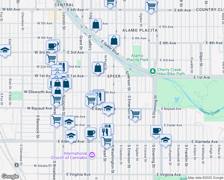 map of restaurants, bars, coffee shops, grocery stores, and more near 18 North Washington Street in Denver