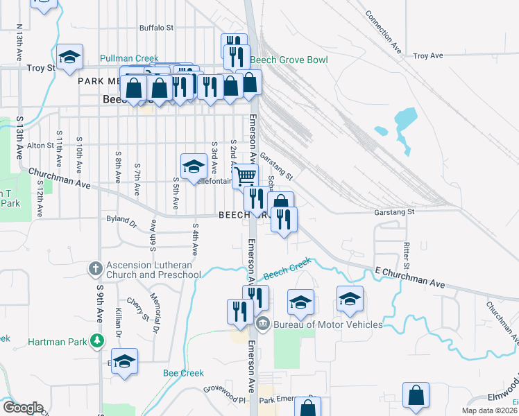 map of restaurants, bars, coffee shops, grocery stores, and more near in Beech Grove