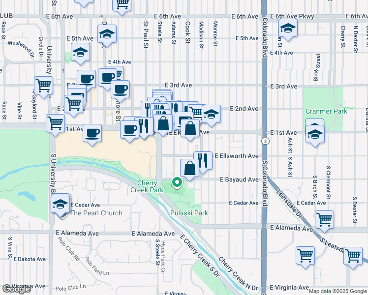 map of restaurants, bars, coffee shops, grocery stores, and more near 55 Cook Street in Denver