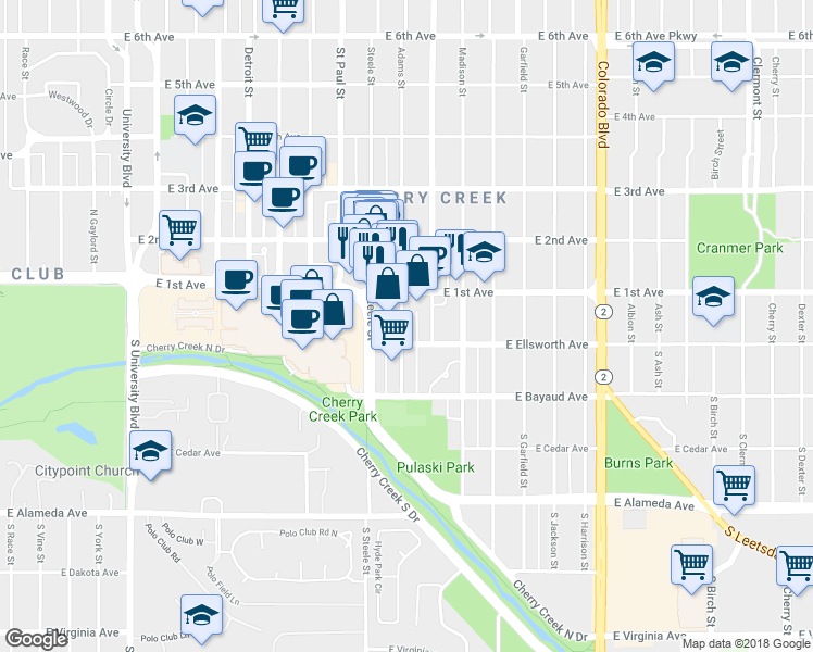map of restaurants, bars, coffee shops, grocery stores, and more near 48 Steele Street in Denver