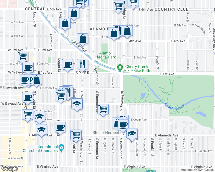 map of restaurants, bars, coffee shops, grocery stores, and more near 15 North Ogden Street in Denver