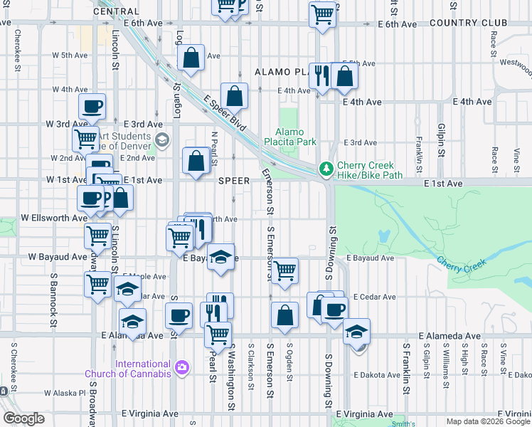 map of restaurants, bars, coffee shops, grocery stores, and more near 833 East Ellsworth Avenue in Denver
