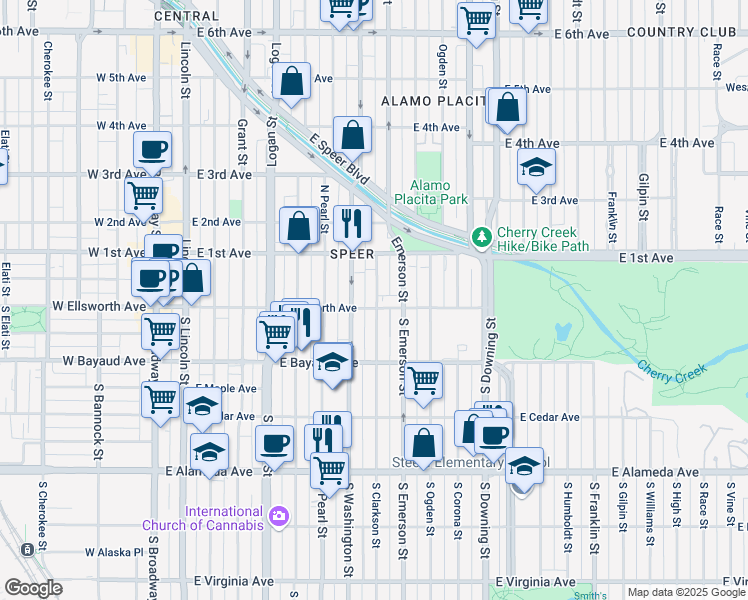 map of restaurants, bars, coffee shops, grocery stores, and more near 25 Emerson Street in Denver