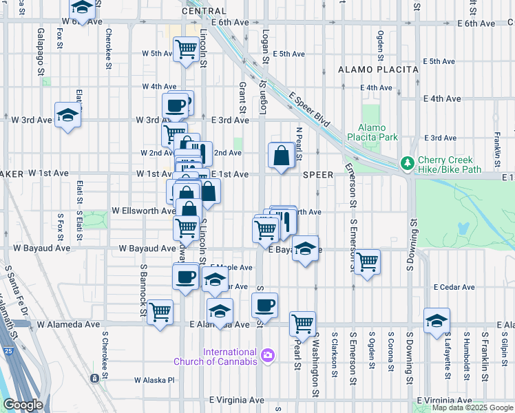 map of restaurants, bars, coffee shops, grocery stores, and more near 15 Logan Street in Denver