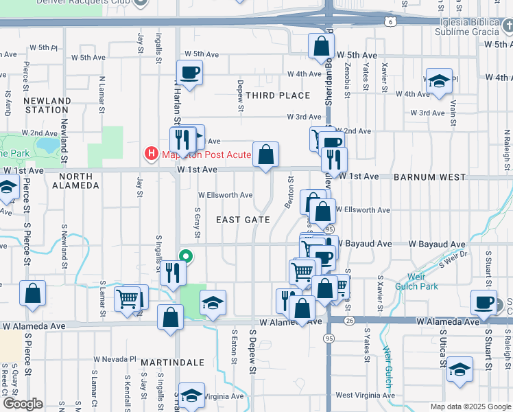 map of restaurants, bars, coffee shops, grocery stores, and more near 10 South Eaton Street in Lakewood