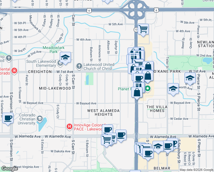 map of restaurants, bars, coffee shops, grocery stores, and more near 25 South Zephyr Street in Lakewood