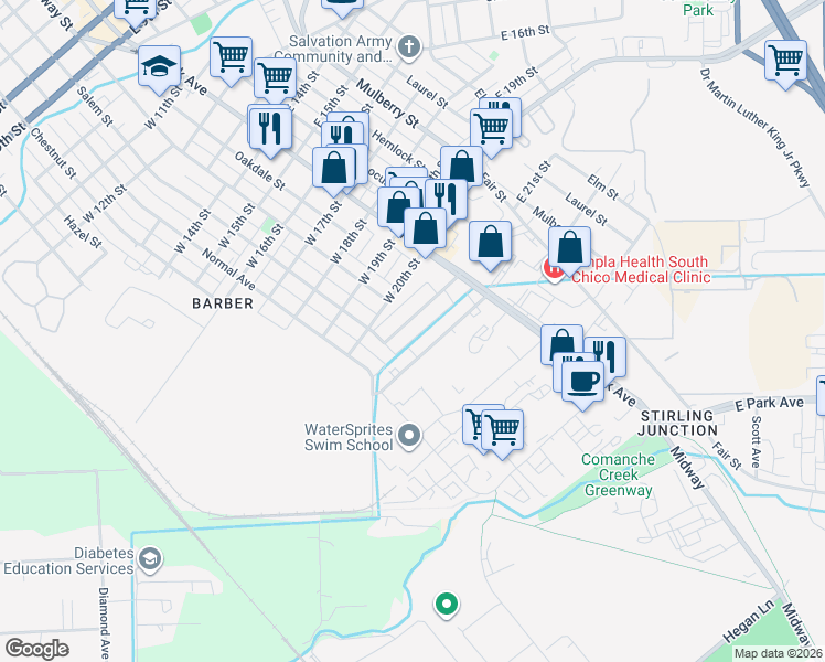 map of restaurants, bars, coffee shops, grocery stores, and more near 216 West 21st Street in Chico