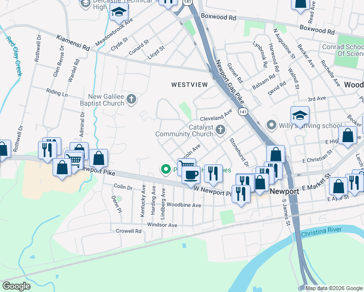 map of restaurants, bars, coffee shops, grocery stores, and more near in Wilmington