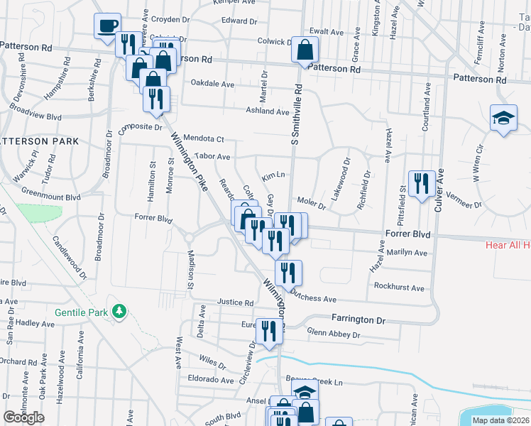 map of restaurants, bars, coffee shops, grocery stores, and more near 2117 Gay Drive in Dayton