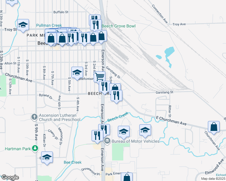 map of restaurants, bars, coffee shops, grocery stores, and more near 240 Buckley Drive in Beech Grove