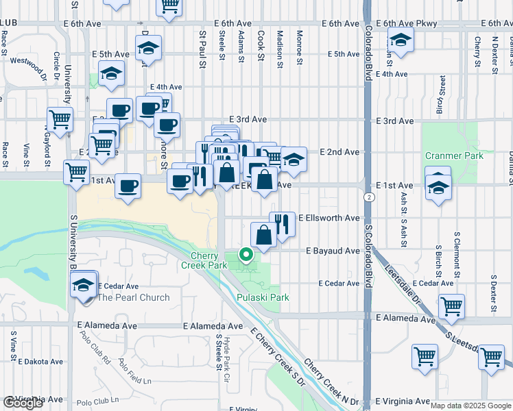 map of restaurants, bars, coffee shops, grocery stores, and more near 55 Cook Street in Denver