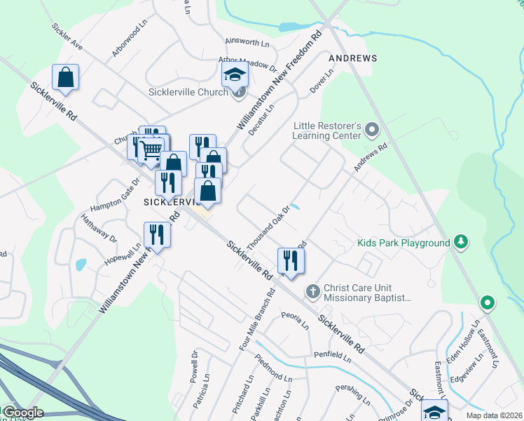 map of restaurants, bars, coffee shops, grocery stores, and more near 9 Tupelo Lane in Sicklerville