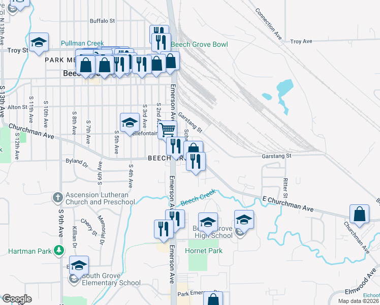 map of restaurants, bars, coffee shops, grocery stores, and more near 240 Buckley Drive in Beech Grove
