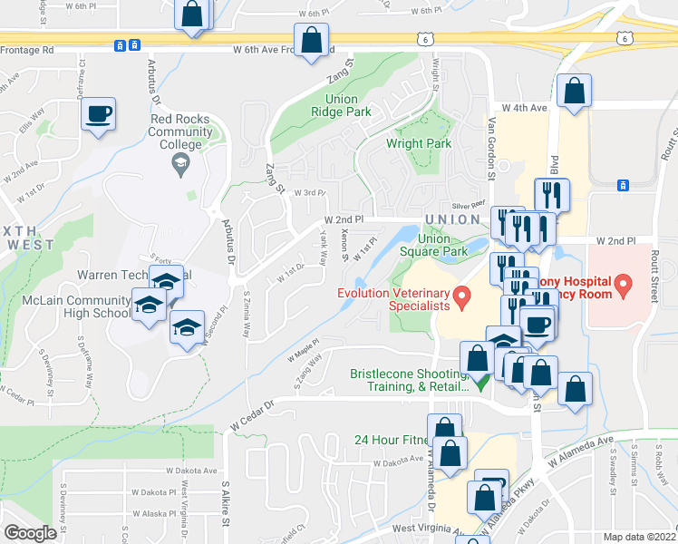 map of restaurants, bars, coffee shops, grocery stores, and more near 12605 West 1st Place in Lakewood