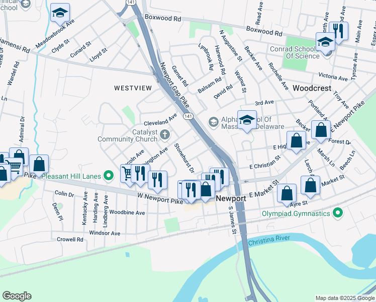 map of restaurants, bars, coffee shops, grocery stores, and more near 108 Lynam Street in Wilmington