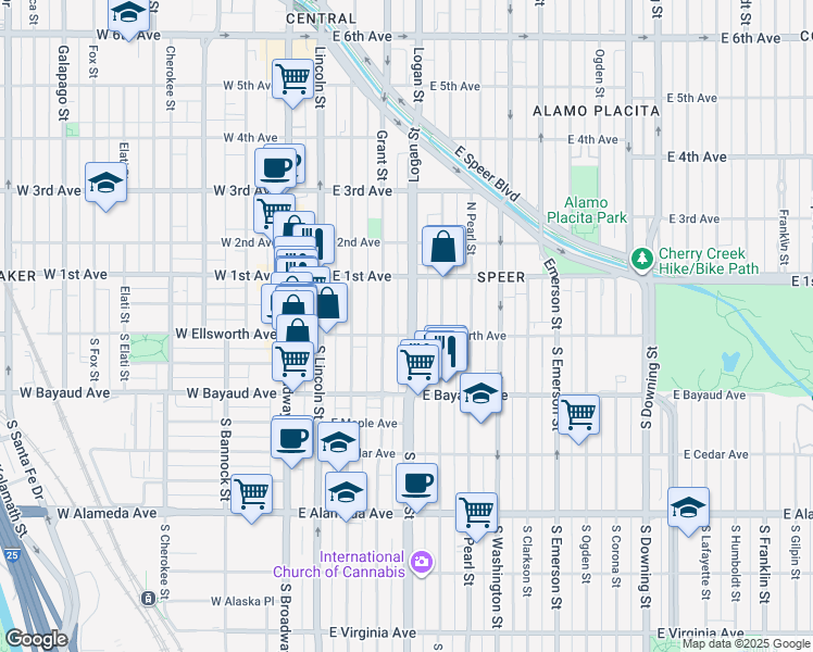map of restaurants, bars, coffee shops, grocery stores, and more near 16t Grant Street in Denver