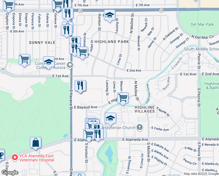 map of restaurants, bars, coffee shops, grocery stores, and more near 50 Lansing Street in Aurora