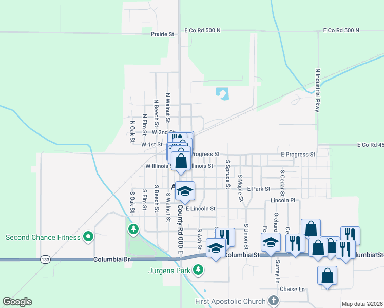 map of restaurants, bars, coffee shops, grocery stores, and more near 148 East Progress Street in Arthur