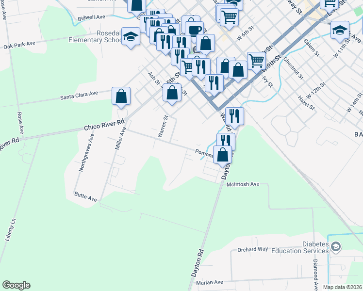map of restaurants, bars, coffee shops, grocery stores, and more near 809 Pomona Avenue in Chico