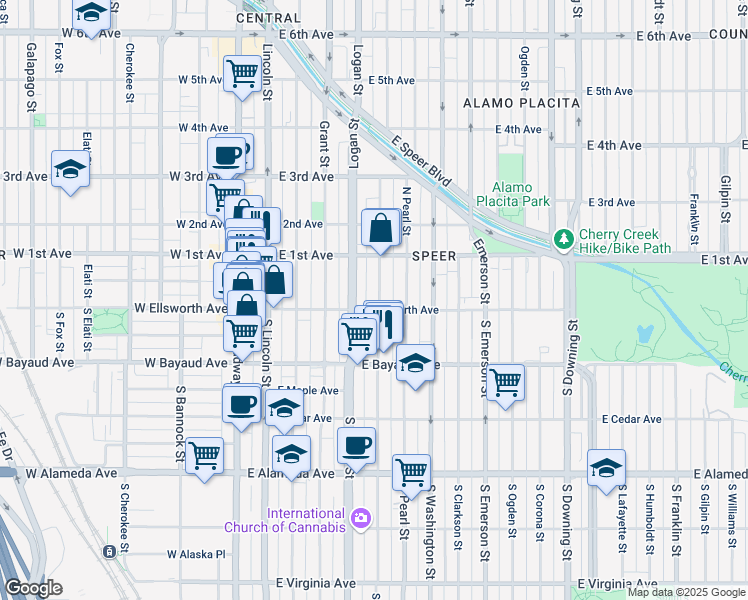 map of restaurants, bars, coffee shops, grocery stores, and more near 19 Pennsylvania Street in Denver