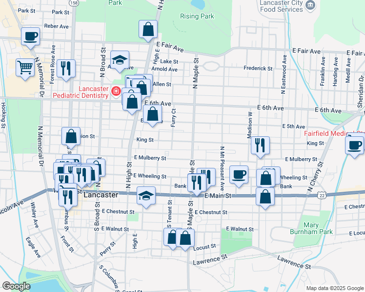 map of restaurants, bars, coffee shops, grocery stores, and more near 424 King St in Lancaster