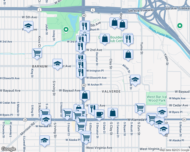 map of restaurants, bars, coffee shops, grocery stores, and more near 2795 West Ellsworth Avenue in Denver