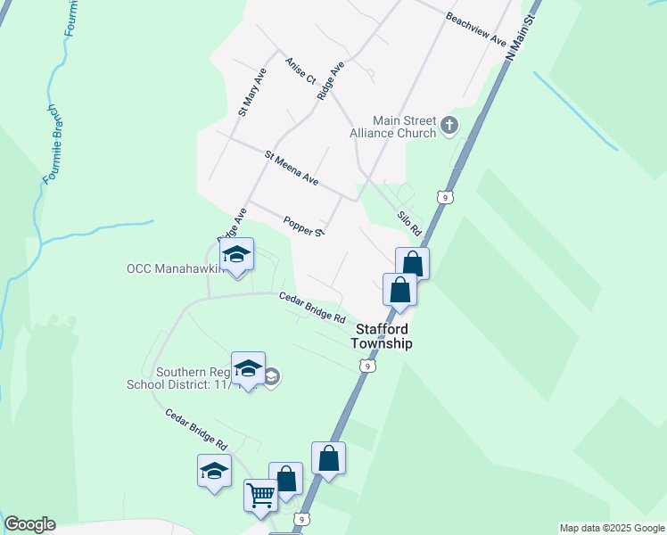 map of restaurants, bars, coffee shops, grocery stores, and more near 5 Trent Court in Stafford Township