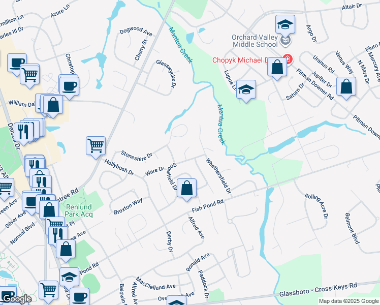 map of restaurants, bars, coffee shops, grocery stores, and more near 17 Geneva Court in Glassboro