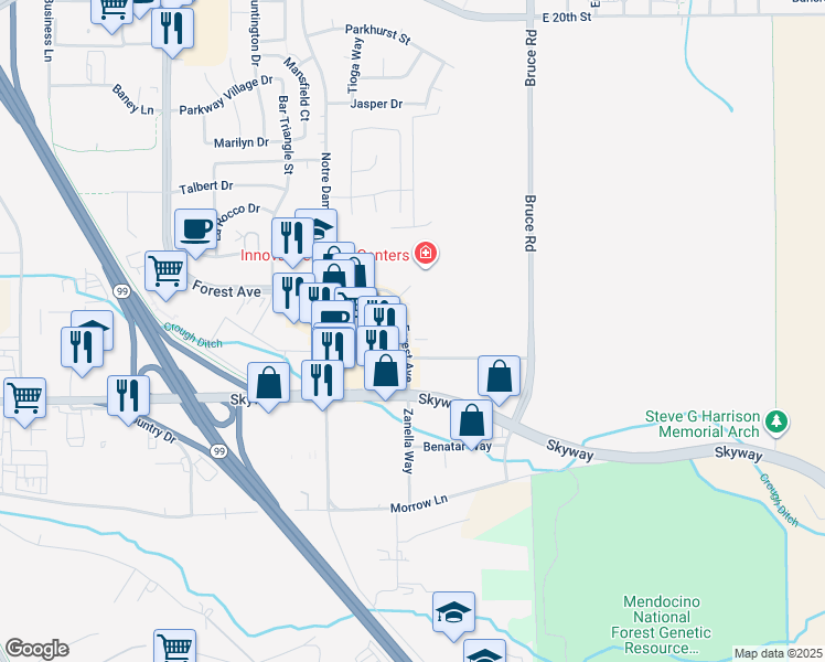 map of restaurants, bars, coffee shops, grocery stores, and more near 2639 Forest Avenue in Chico