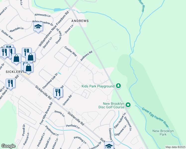 map of restaurants, bars, coffee shops, grocery stores, and more near Lehigh Manor Drive in Sicklerville