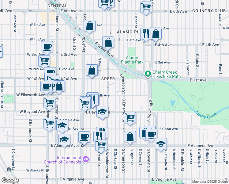 map of restaurants, bars, coffee shops, grocery stores, and more near 17 Clarkson street in Denver