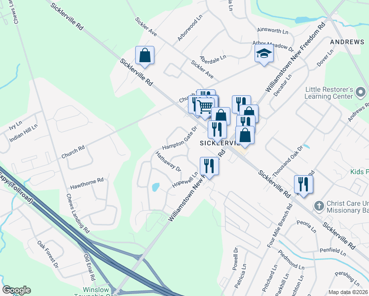 map of restaurants, bars, coffee shops, grocery stores, and more near 67 Hopewell Lane in Sicklerville