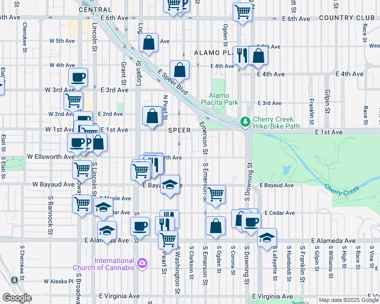 map of restaurants, bars, coffee shops, grocery stores, and more near 17 Clarkson street in Denver