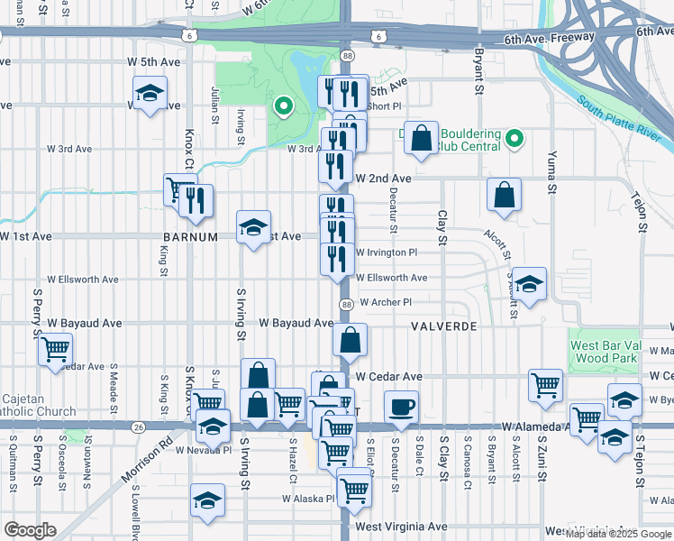map of restaurants, bars, coffee shops, grocery stores, and more near 11 Federal Boulevard in Denver